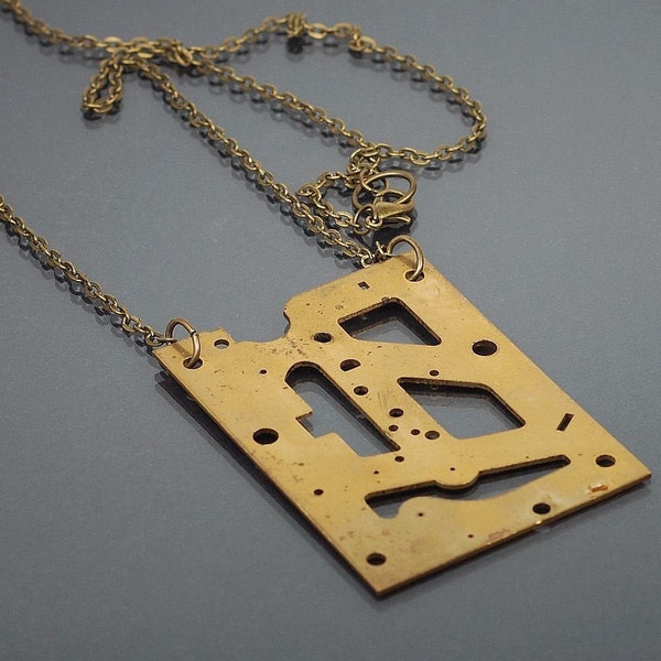 Steampunk Necklace- Brass Upcycled Rectangle Clock Part Steampunk Jewelry, Industrial, Modern Contemporary Jewelry, Grunge, Alternative