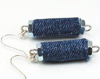 Blue Denim Earrings- Upcycled Silver Hardware Jewelry, Blue Fabric Earrings, Textile Jewelry, Blue Denim Jewelry, Contemporary Jewelry