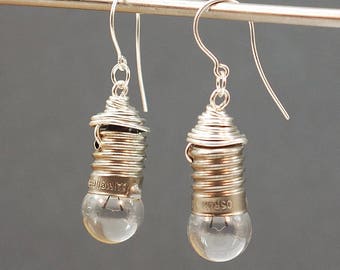 Industrial Light Bulb Earrings- Silver Upcycled Steampunk Earrings, Lightbulb Earrings, Steam Punk Jewelry, Industrial, Contemporary, Grunge