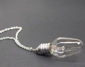 Light Bulb Necklace- Upcycled Silver Steampunk Jewelry, Lightbulb Necklace, Industrial Jewelry, Science Jewelry, Post Apocalyptic, Cyberpunk