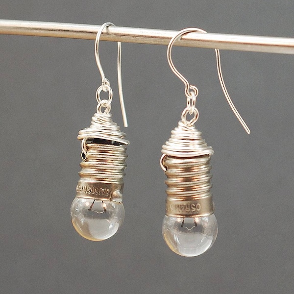 Industrial Light Bulb Earrings- Silver Upcycled Steampunk Earrings, Lightbulb Earrings, Steam Punk Jewelry, Industrial, Contemporary, Grunge