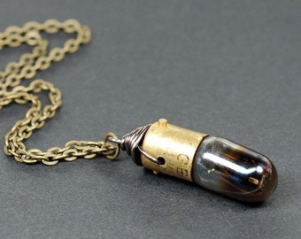 Steampunk Jewelry Necklace- Brass & Gunmetal Upcycled Burnt Out Light Bulb, Lightbulb, Post Apocalyptic, Grunge, Cyberpunk, Alternative, Emo