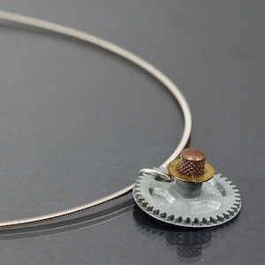 Guitar Steampunk Jewelry- Guitar String Necklace, Brass & Silver Clock Gear Choker, Industrial, Grunge, Alternative, Post Apocalyptic, Emo