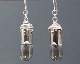 Silver Burnt Out Light Bulb Earrings- Upcycled, Steampunk Jewelry, Lightbulb, Industrial, Cyberpunk, Science Geek Gift, Post Apocalyptic