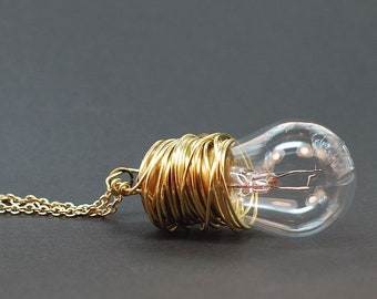 Steampunk Necklace- Brass Upcycled Light Bulb Necklace, Steampunk Jewelry, Lightbulb Necklace, Steam Punk Jewelry, Cyberpunk Jewelry, Grunge