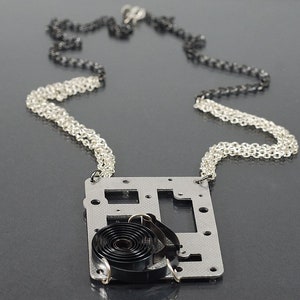 Industrial Cyberpunk Jewelry- Upcycled Clock Part Silver & Black Necklace, Clock Spring Necklace, Steampunk, Post Apocalyptic, Contemporary