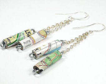 Paper Bead Jewelry- Upcycled Britain Road Atlas Paper Bead Earrings, Map Jewelry, Silver Chain Earrings, UK Jewelry, Travel Gift, Traveler