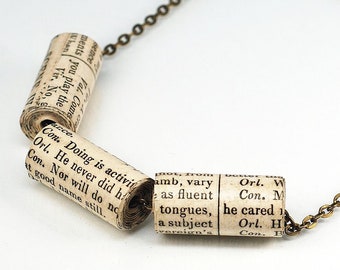 Shakespeare Necklace- Shakespeare Jewelry, Upcycled Paper Bead Necklace, Brass Chain, Book Lovers Gift, Book Jewelry, Literary Jewelry