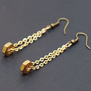 Brass Chain Earrings Brass Upcycled Hex Nut Earrings, Hardware Jewelry, Hardware Earrings, Industrial Jewelry, Long Earrings, Modern image 2