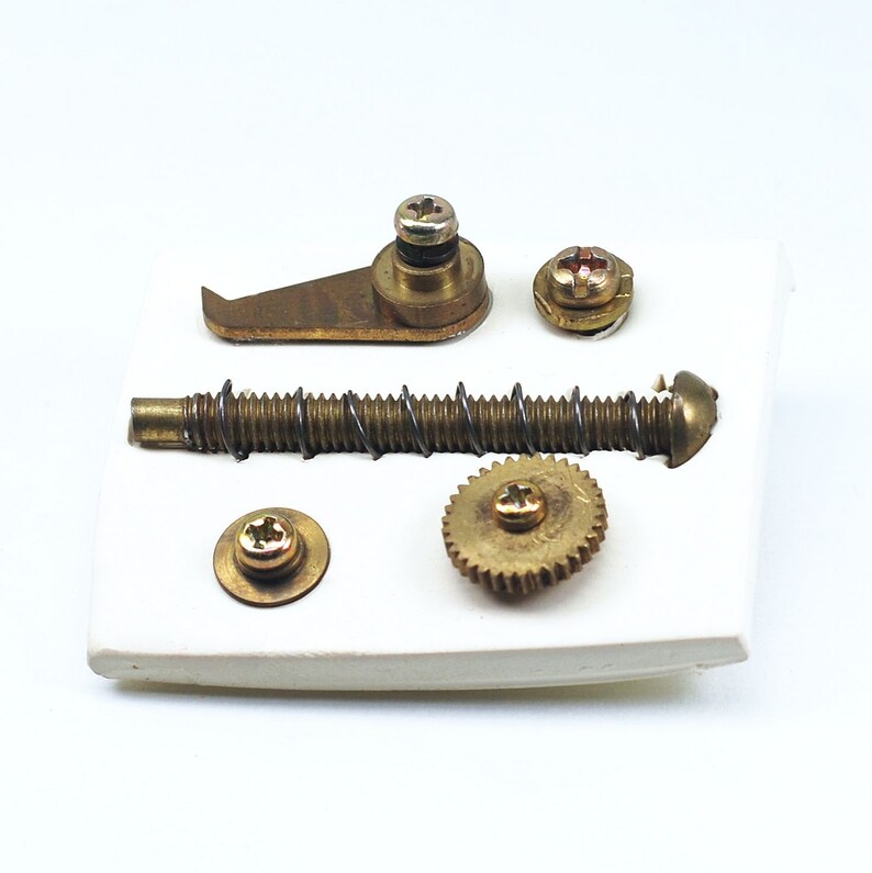 May include: A set of five gold-toned metal parts for a mechanical device. The parts include a small gear, a spring, a hook, and two screws.