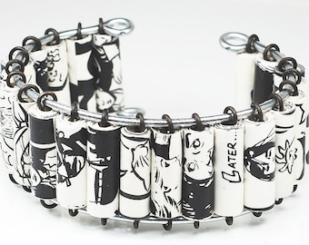 Comic Book Bracelet- Upcycled Black & White Comic Book Cuff Bracelet, Comic Book Jewelry, Geek Gift, Paper Jewelry, Comic Book Lover Gift