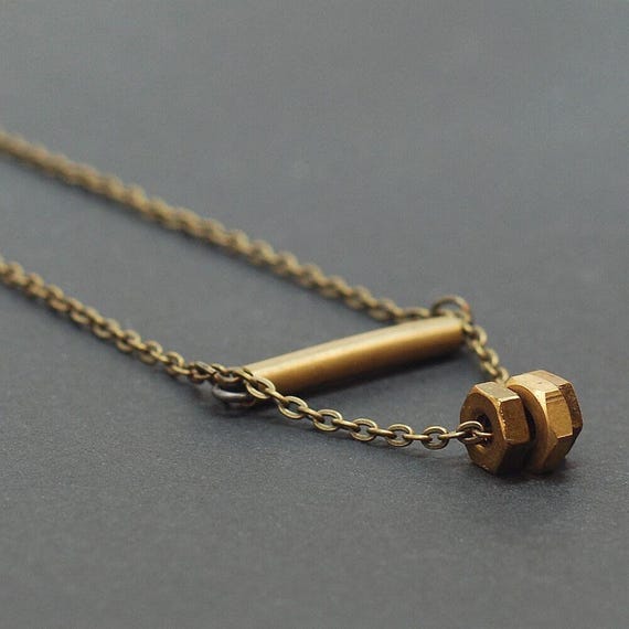 Brass Bar Necklace- Geometric Jewelry, Modern Found Object Jewelry, Hardware, Industrial, Contemporary, Hex Nut, Hexagon, Triangle, Grunge