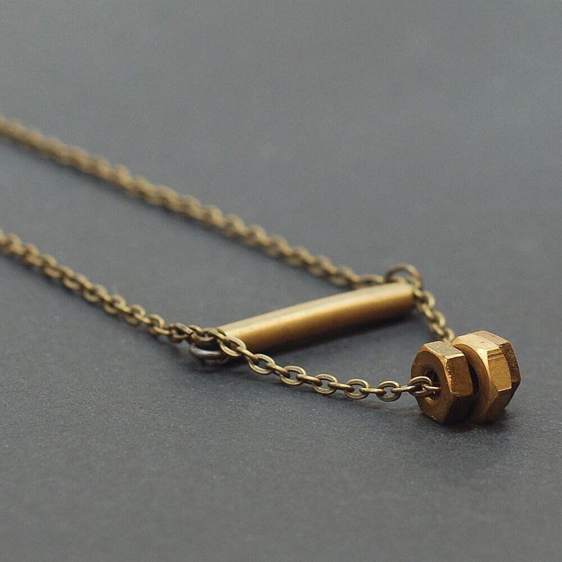 Brass Bar Necklace- Geometric Jewelry, Modern Found Object Jewelry, Hardware, Industrial, Contemporary, Hex Nut, Hexagon, Triangle, Grunge image 1