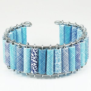 Paper Bead Jewelry- Upcycled Blue Security Envelope Cuff Bracelet, Recycled Junk Mail Paper Jewelry, Modern Jewelry, Contemporary Jewelry