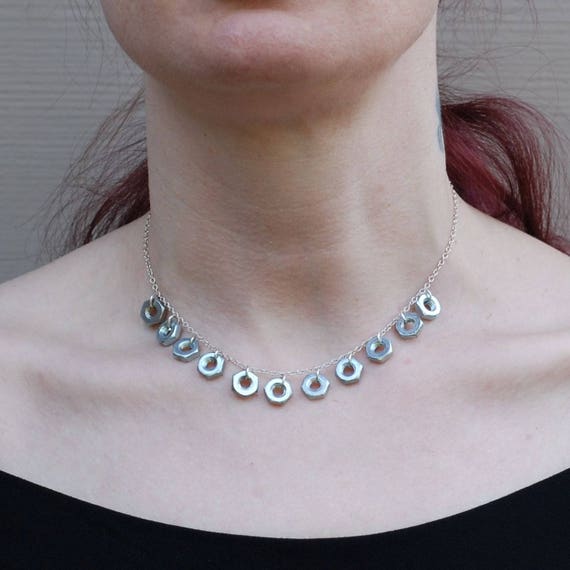 Hardware Jewelry- Upcycled Modern Silver Hex Nut Choker, Urban