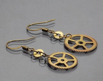 Brass Steampunk Earrings- Upcycled Clock Gear Jewelry, Steam Punk, Wasteland, Mad Max, Post Apocalyptic, Industrial, Grunge, Alternative