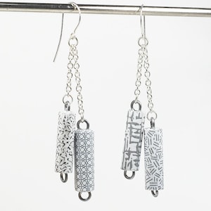 Paper Bead Jewelry- Upcycled Black & White Security Envelope Paper Bead Earrings, Silver Chain Earrings, Recycled Junk Mail, Contemporary