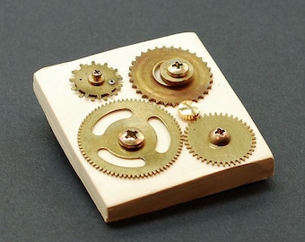 Steampunk Jewelry Pin- Brass Clock Gears Ivory Upcycled Brooch, Steampunk Brooch, Contemporary Jewelry, Hardware Jewelry, Industrial Jewelry