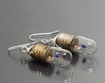 Light Bulb Earrings- Silver Upcycled Steampunk Jewelry, Lightbulb, Steam Punk, Industrial, Contemporary, Grunge, Edgy, Cyberpunk Gift