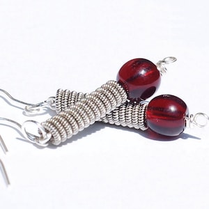 Guitar String Jewelry- Silver & Garnet Red Bead Guitar String Earrings, Music Jewelry, Guitar Player Gift by Tanith Rohe