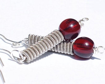 Guitar String Jewelry- Silver & Garnet Red Bead Guitar String Earrings, Music Jewelry, Guitar Player Gift by Tanith Rohe