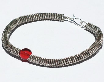 Guitar String Bracelet- Silver with Ruby Red Bead, Recycled Guitar String Jewelry, Music Jewelry, Gift for Guitar Player, Guitarist Present