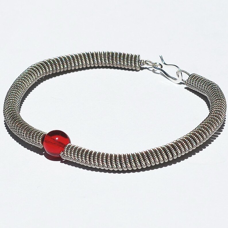 Guitar String Bracelet Silver with Ruby Red Bead, Recycled Guitar String Jewelry, Music Jewelry, Gift for Guitar Player, Guitarist Present image 1