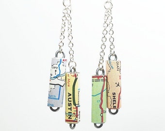 US Map Jewelry- Paper Bead Jewelry, Upcycled United States Road Atlas, Silver Chain Earrings, Pastel, Cute, Fun, Travel Gift, Traveler