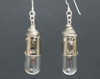Cyberpunk Light Bulb Earrings- Silver, Upcycled, Steampunk, Industrial, Lightbulb, Grunge, Alternative, Post Apocalyptic, Science Jewelry