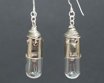 Cyberpunk Light Bulb Earrings- Silver, Upcycled, Steampunk, Industrial, Lightbulb, Grunge, Alternative, Post Apocalyptic, Science Jewelry