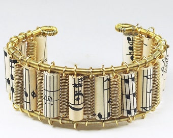 Guitar String Bracelet- Sheet Music Paper Bead Jewelry, Brass Cuff Bracelet, Musician Gift, Music Lover Jewelry, Guitar String Jewelry