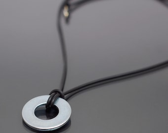 Silver Circle Necklace- Washer Pendant, Upcycled Hardware Jewelry, Black, Geometric, Modern Minimalist, Grunge, Alternative, Industrial