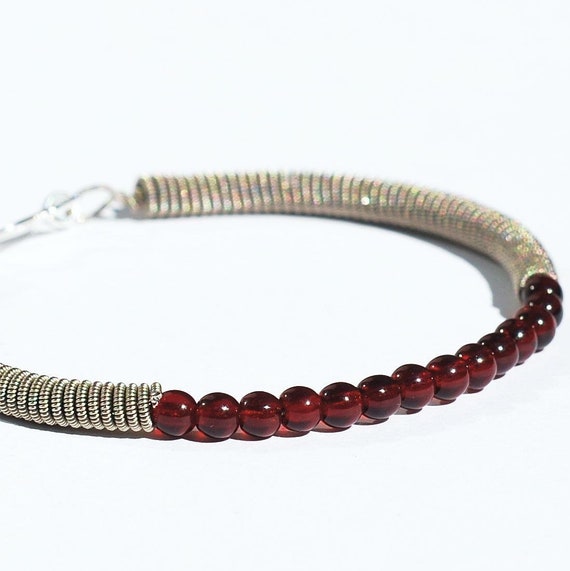 Guitar String Bracelet Upcycled Silver and Garnet Red Bead | Etsy