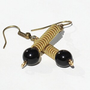 Guitar String Jewelry- Upcycled Black Bead & Brass Guitar String Earrings, Music Jewelry, Guitar Player Gift, Acoustic Guitar Jewelry