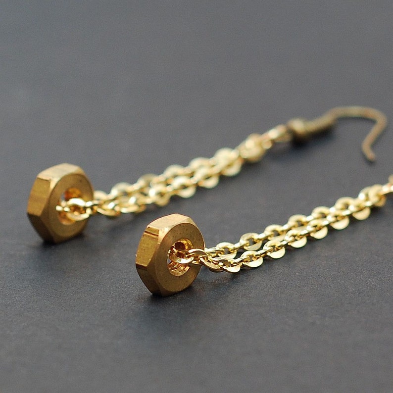 Brass Chain Earrings Brass Upcycled Hex Nut Earrings, Hardware Jewelry, Hardware Earrings, Industrial Jewelry, Long Earrings, Modern image 1