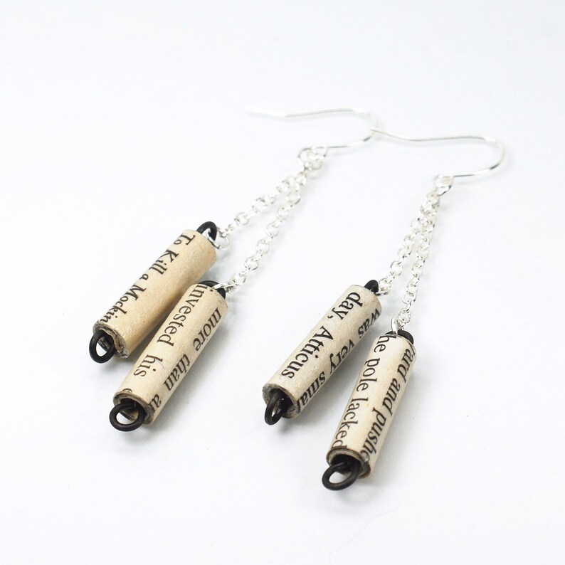 To Kill a Mockingbird Earrings- Silver Chain Earrings, Upcycled Paper Bead Jewelry, Bookworm Gift, Literary Present, Bookish, Harper Lee image 3