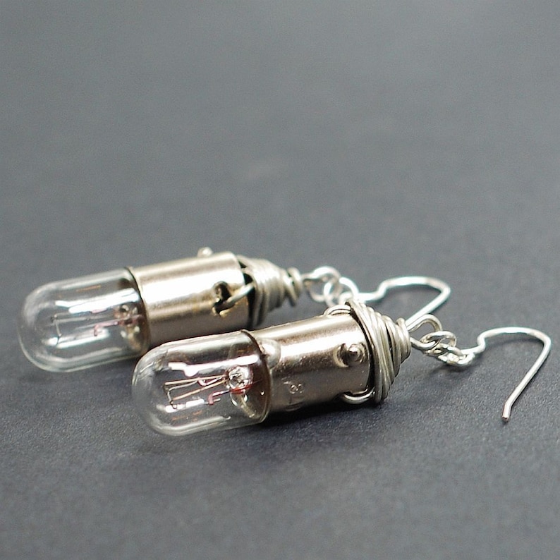 Cyberpunk Light Bulb Earrings Silver, Upcycled, Steampunk, Industrial, Lightbulb, Grunge, Alternative, Post Apocalyptic, Science Jewelry image 4