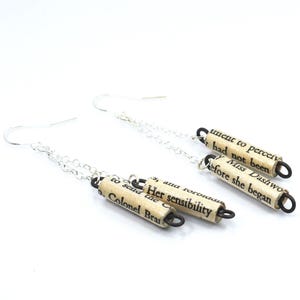Sense and Sensibility Earrings- Jane Austen, Silver Chain Earrings, Upcycled Paper Bead Jewelry, Bookworm Gift, Literary Present, Bookish