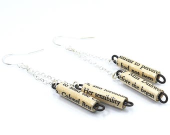 Sense and Sensibility Earrings- Jane Austen, Silver Chain Earrings, Upcycled Paper Bead Jewelry, Bookworm Gift, Literary Present, Bookish