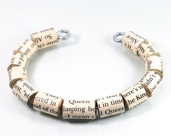 Alice in Wonderland Jewelry- Upcycled Paper Bead Cuff Bracelet, Book Lover Gift, Literary, Literature, Through the Looking Glass, Bookworm