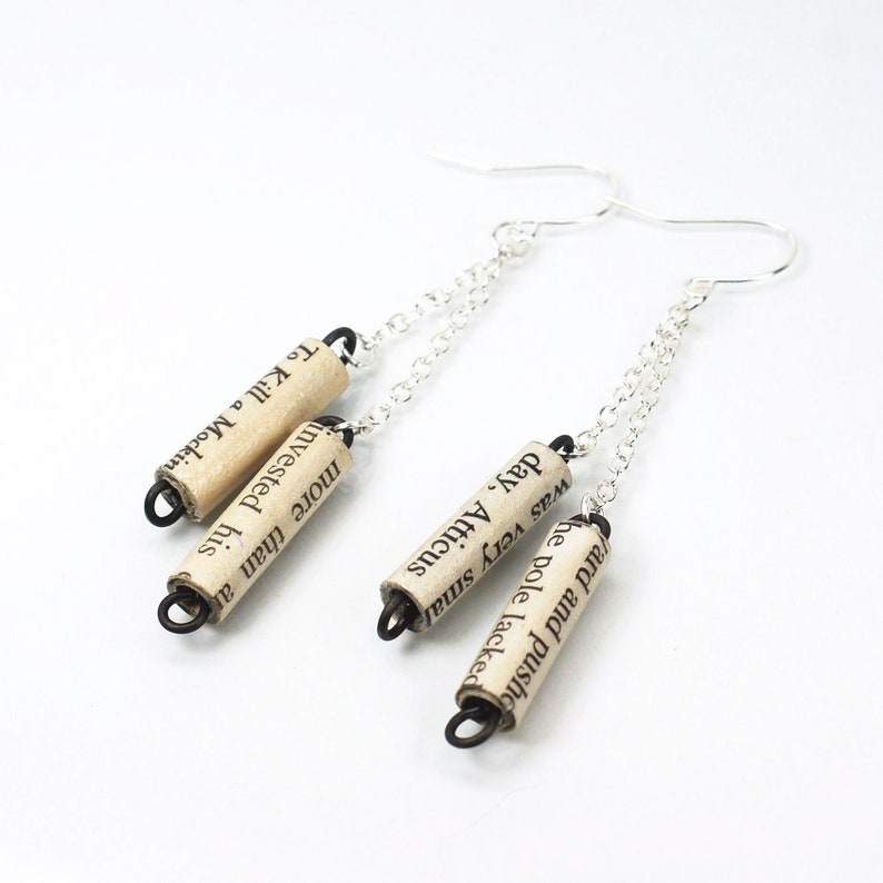 To Kill a Mockingbird Earrings- Silver Chain Earrings, Upcycled Paper Bead Jewelry, Bookworm Gift, Literary Present, Bookish, Harper Lee image 1