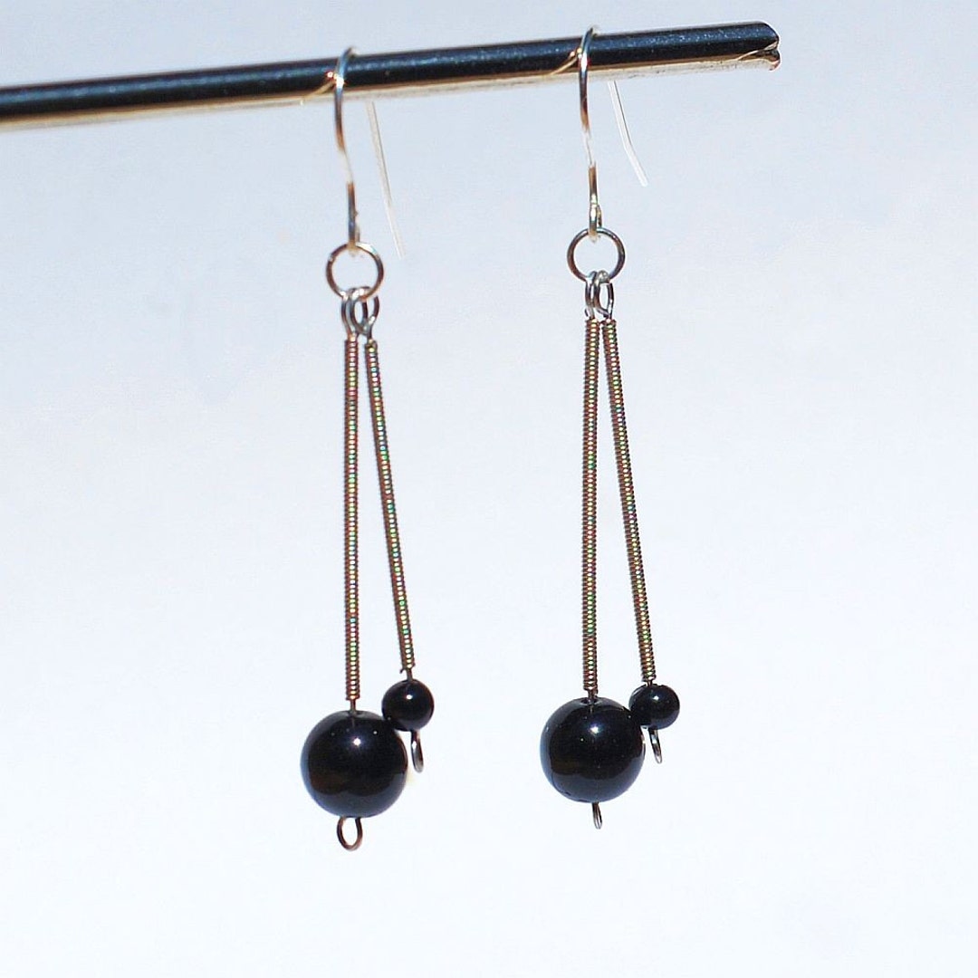 Guitar String Jewelry Black Bead & Silver Drop Recycled Guitar String