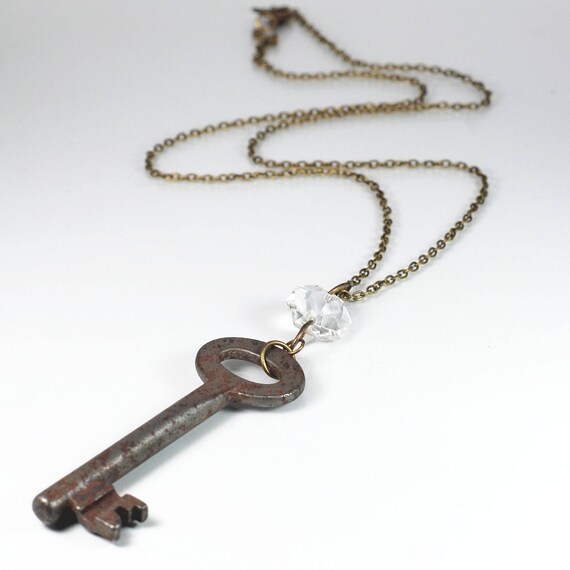 Skeleton Key Necklace- Chandelier Crystal & Rusty Silver Key Necklace, Brass Steampunk Jewelry, Key Pendant Necklace, Bohemian Necklace Skeleton Key Necklace- Chandelier Crystal & Rusty Silver Key Necklace, Brass Steampunk Jewelry, Key Pendant Necklace, Bohemian Necklace