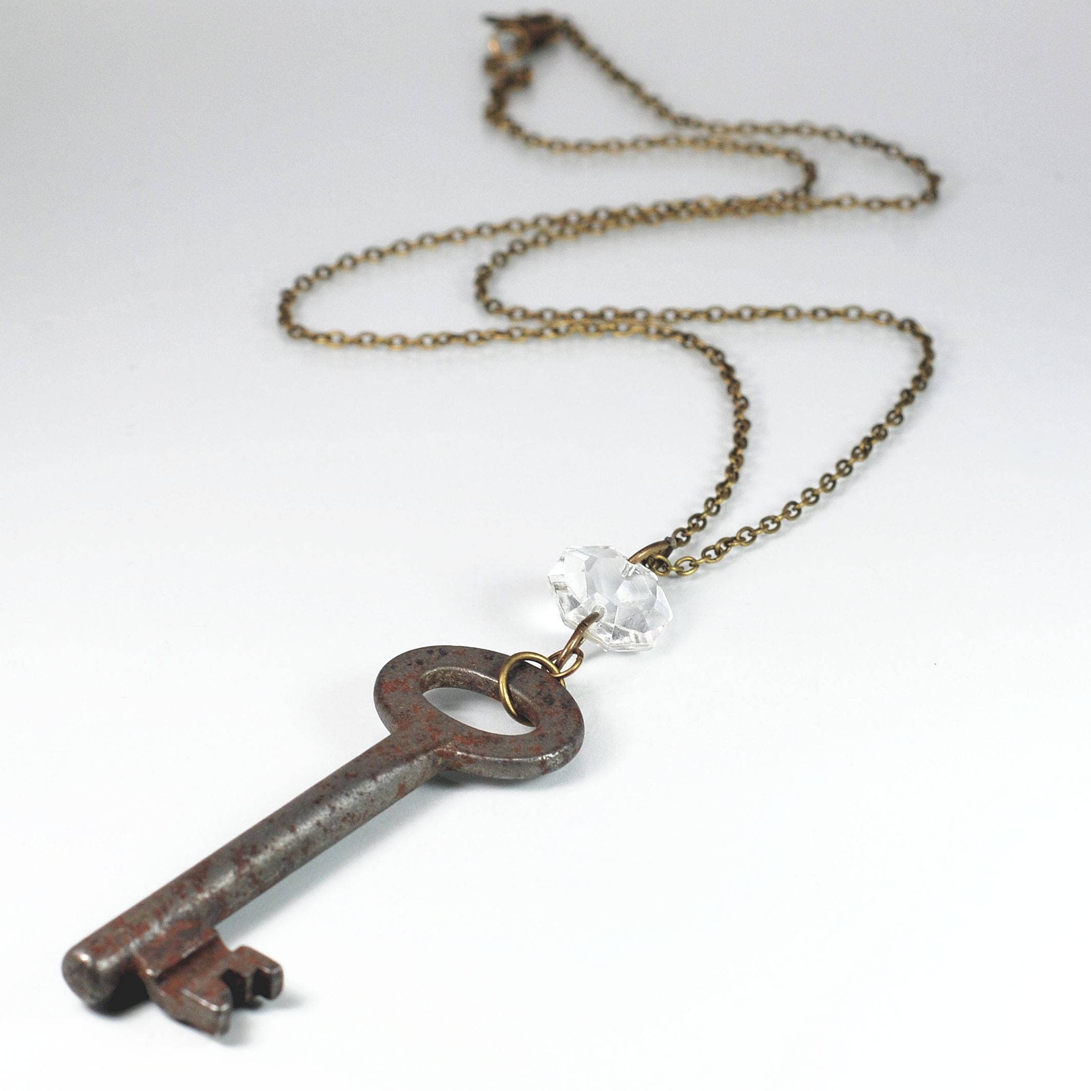 Skeleton Key Necklace- Chandelier Crystal & Rusty Silver Key Necklace, Brass Steampunk Jewelry, Key Pendant Necklace, Bohemian Necklace Skeleton Key Necklace- Chandelier Crystal & Rusty Silver Key Necklace, Brass Steampunk Jewelry, Key Pendant Necklace, Bohemian Necklace