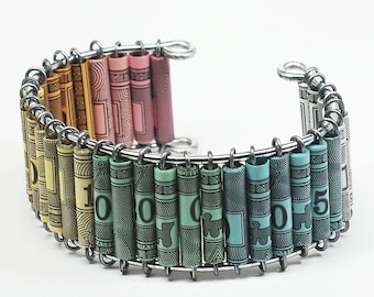 Paper Bead Jewelry- Upcycled Monopoly Money Ombre Jewelry, Chunky Cuff Bracelet, Monopoly Jewelry, Paper Jewelry, Pastel Jewelry, Kitschy