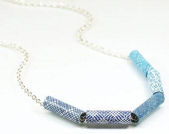 Paper Bead Jewelry- Upcycled Blue Security Envelope Paper Bead Necklace, Recycled Junk Mail, Paper Jewelry, Modern Contemporary Jewelry