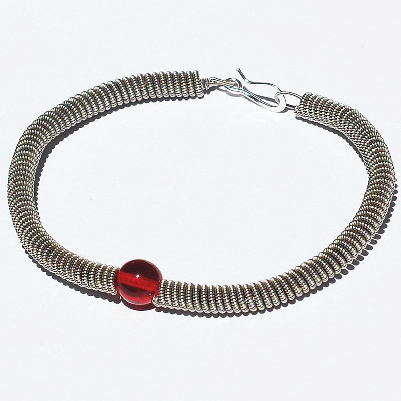 Guitar String Bracelet Silver with Ruby Red Bead, Recycled Guitar String Jewelry, Music Jewelry, Gift for Guitar Player, Guitarist Present image 2