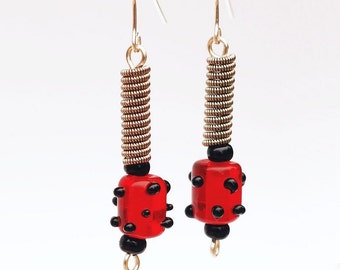 Guitar String Jewelry- Red & Black Polka Dot Bead Guitar String Earrings, Guitar Teacher Gift, Guitar Player Gift, Music Jewelry, Guitarist