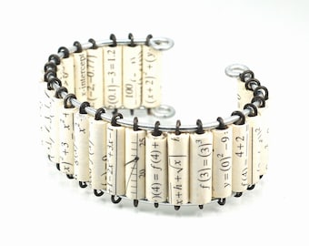 Math Nerd Jewelry- Upcycled Paper Bead Chunky Cuff Bracelet, Math Teacher Gift, Calculus, Science Geek, STEM, Mathematic Present, Handmade