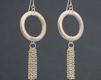 Geometric Circle Earrings- Chain Earrings, Upcycled Silver Washer Earrings, Hardware Jewelry, Modern Jewelry, Large Earrings